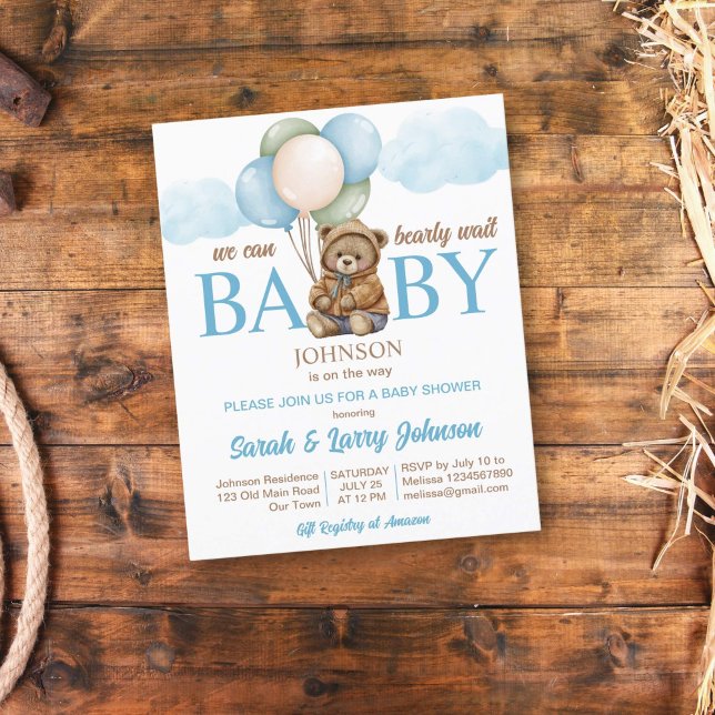 Papier Teddy ours budget baby shower invitation attendre (Teddy bear with balloons baby shower budget invitation template cute teddy with balloons brown blue)