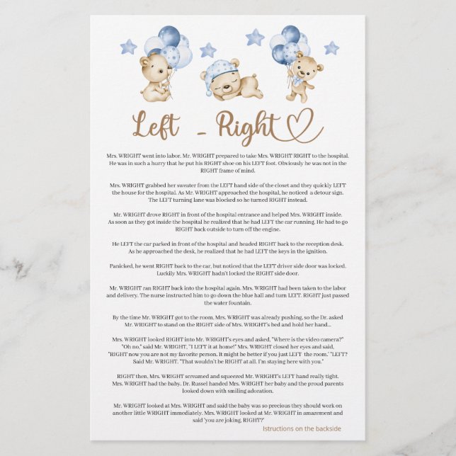 Papier Teddy ours garçon baby shower gauche droite (Devant)