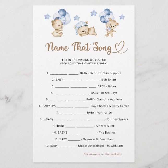 Papier Teddy ours garçon baby shower Nom That Song (Devant)
