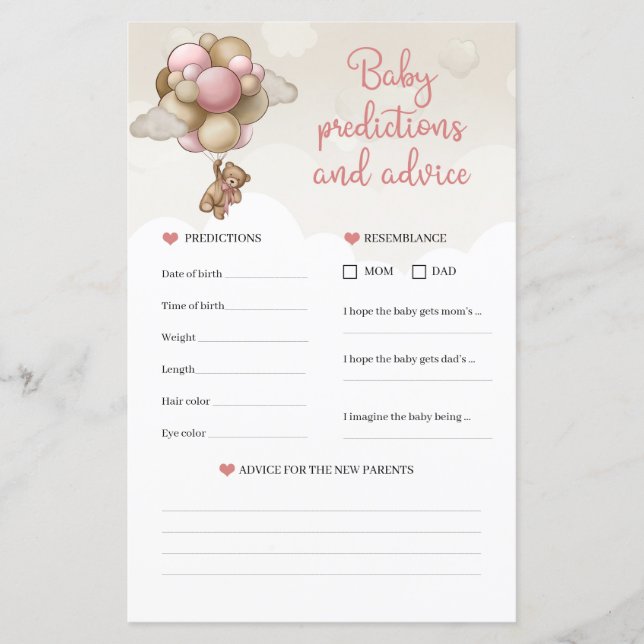 Papier Teddy ours rose Baby Predictions et Conseils jeu (Devant)