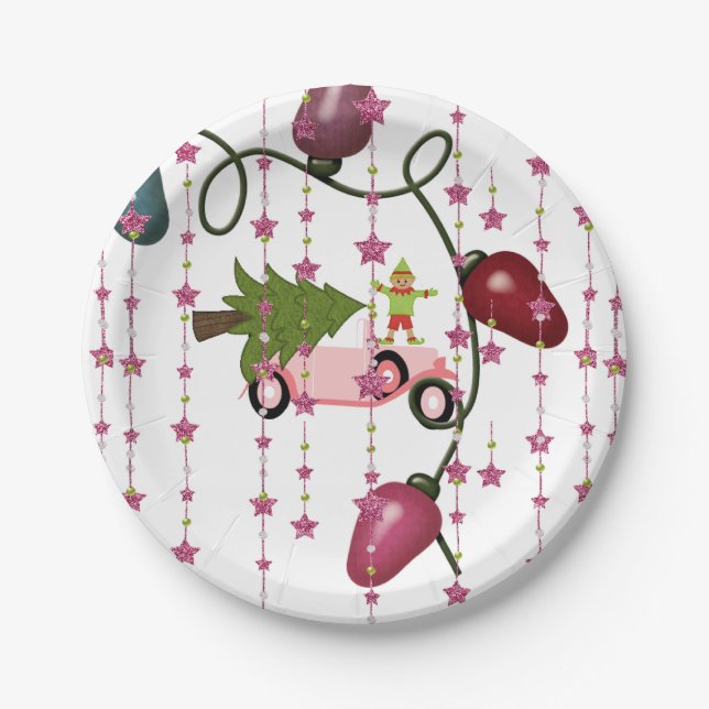 Papier Teller, frohe Weihnachten Pink Auto Elf Pappteller (Vorderseite)