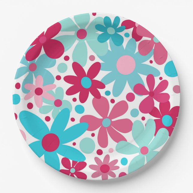 Papier-Teller mit blauen und rosa funkelnden Blume Pappteller (Vorderseite)