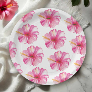 Papier-Teller mit Muster aus rosa Hibiskusblüten Pappteller