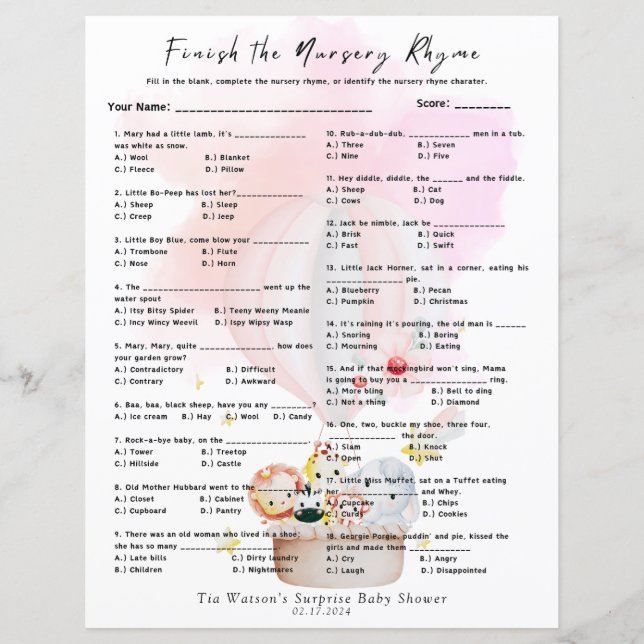 Papier Terminer la rime de la pépinière Jeu de Bébé rose  (Devant)