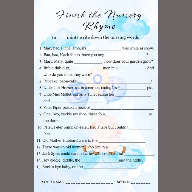 Papier Terminer le jeu de rime de la pépinière (Créateur téléchargé)