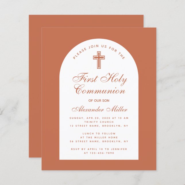 Papier Terracotta Budget Boy First Communion Invitation (Devant / Derrière)