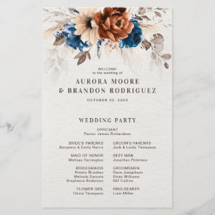 Papier Terracotta Navy Blue Pampas Grass Wedding Programm