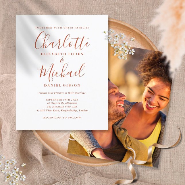 Papier Terracotta Script Photo Mariage Budget Invitation (Créateur téléchargé)