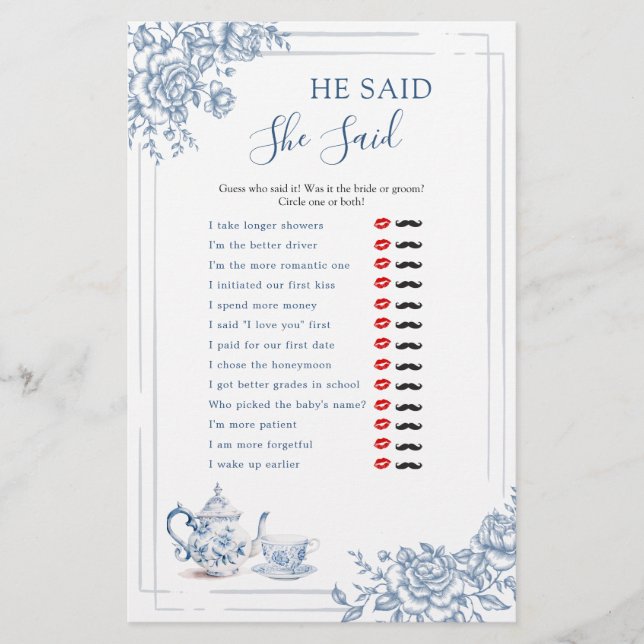 Papier Thé Nuptial Bleu Victorien Garden Il A Dit Qu'Elle (Devant)