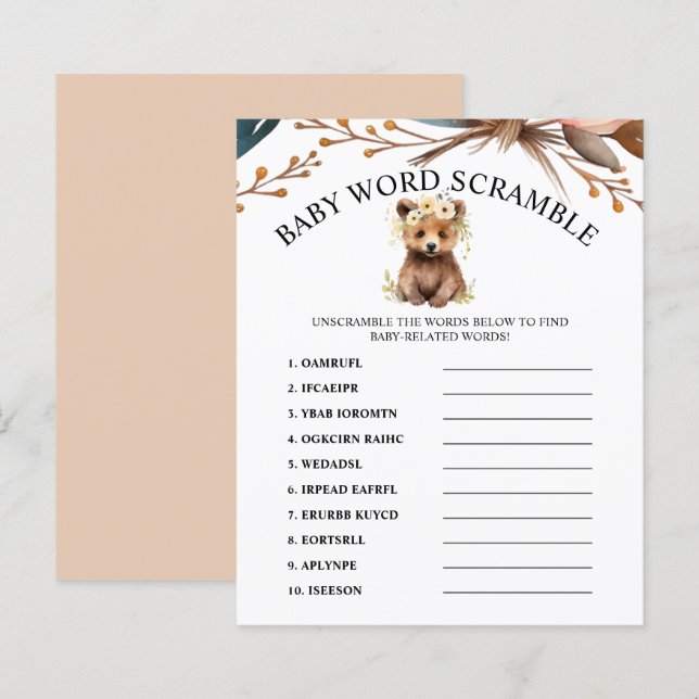 Papier Thème de l'ours rustique Baby shower de mots Jeu d (Devant / Derrière)