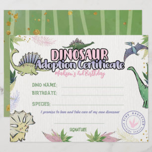 Papier Thème Dinosaur Party, Certificat Dino Adoption