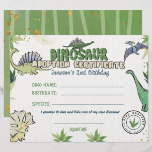 Papier Thème Dinosaur Party, Certificat Dino Adoption