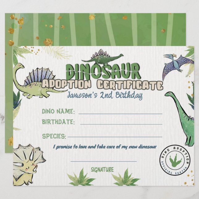 Papier Thème Dinosaur Party, Certificat Dino Adoption (Devant / Derrière)