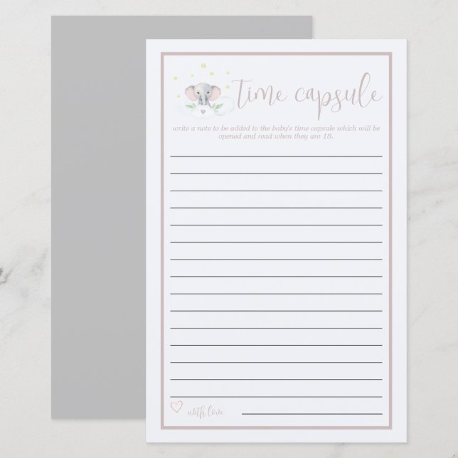 Papier Time Capsule Elephant Baby shower Jeu (Devant / Derrière)