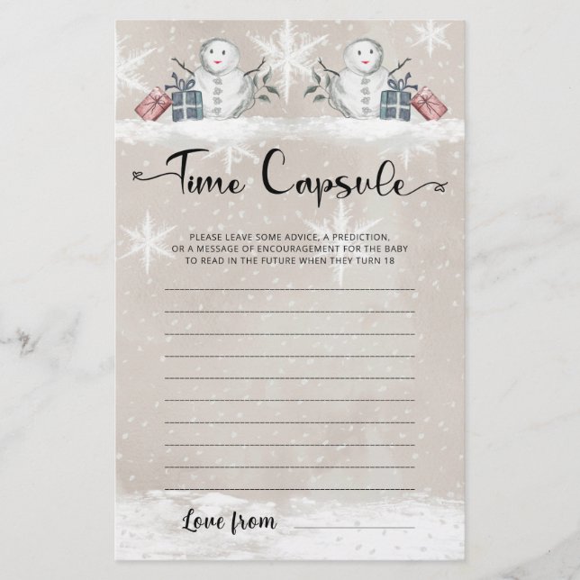 Papier Time Capsule Snowman Baby shower Jeu (Devant)