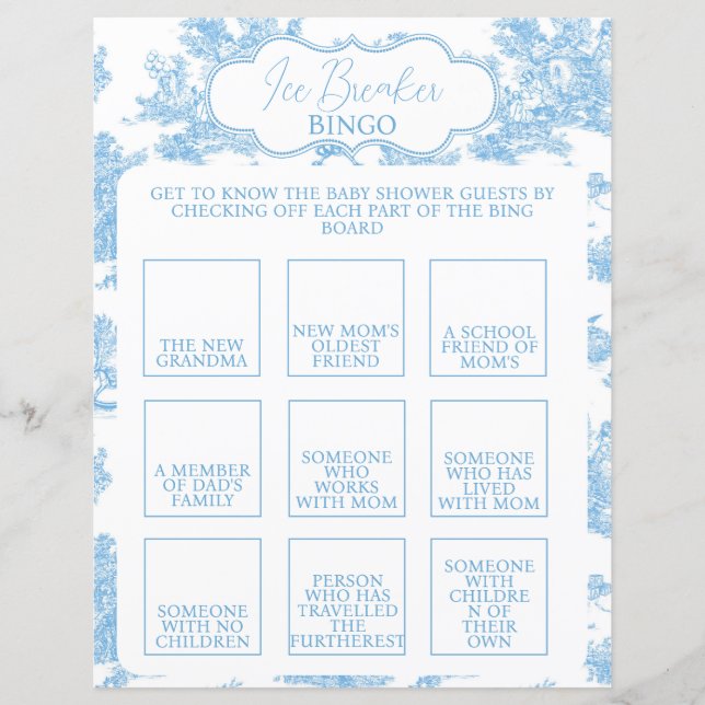 Papier Toile bleue et blanche de Jouy Baby shower Bingo (Devant)