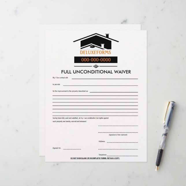 Papier Toit noir Formulaire de renonciation complète et i (Devant/Arrière en situation)