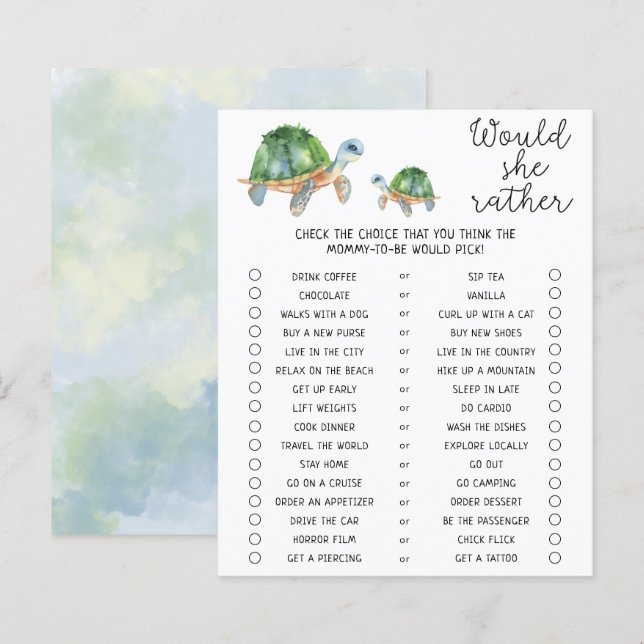 Papier Tortue de mer - Elle préfère le jeu Baby shower (Devant / Derrière)