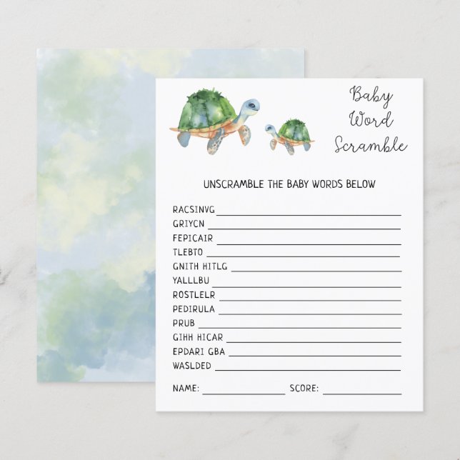 Papier Tortues - Bébé Mot Scramble | Jeu Baby shower (Devant / Derrière)