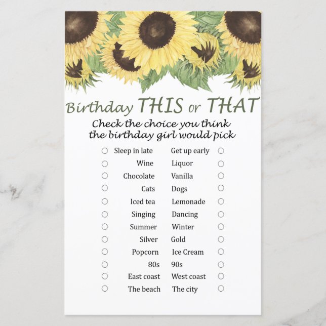 Papier tournesol Anniversaire ce ou ce jeu (Devant)