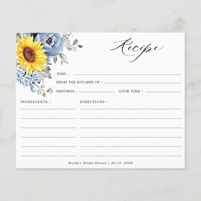 Papier Tournesol Dusty Bleu Ardoise Peony Floral Recette (Devant)