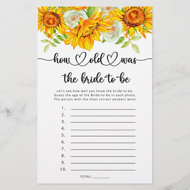 Papier Tournesol l'âge était le jeu de la future mariée (Devant)