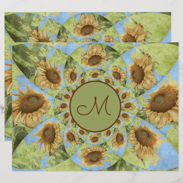 Papier Tournesol Pays Floral Jaune Vert Monogramme (Devant / Derrière)