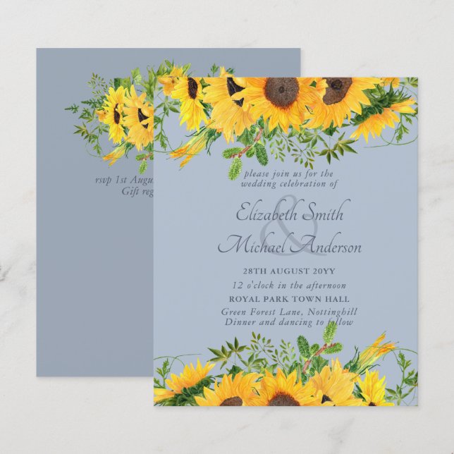 Papier Tournesol rustique Dusty Bleu à thème Mariage BUDG (Devant / Derrière)