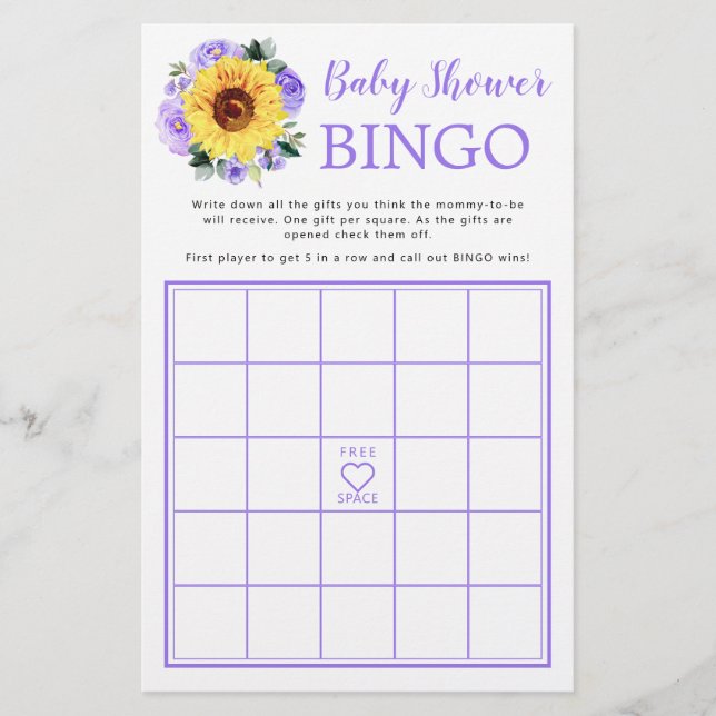 Papier Tournesol violet Baby shower Floral Jeu de Bingo (Devant)