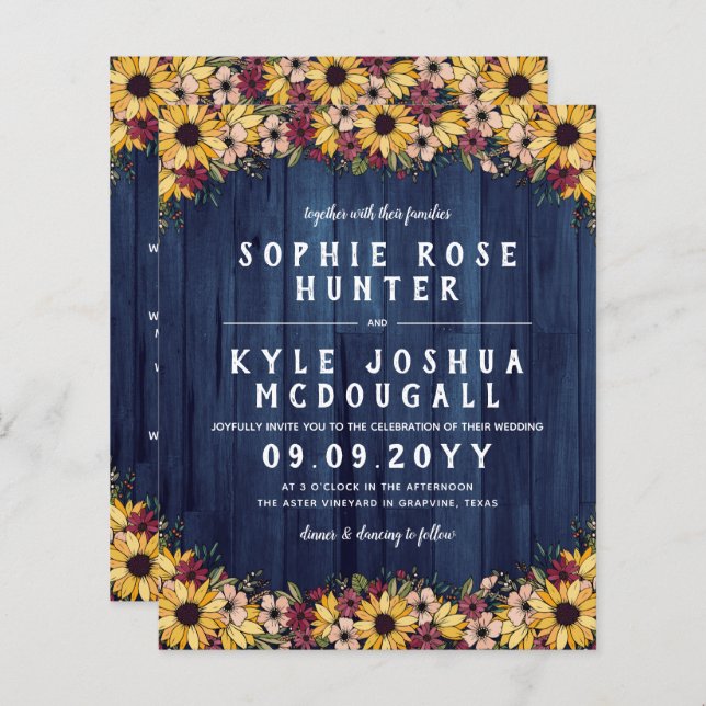 Papier Tournesols Rustiques Bleu Bois 2 En 1 Mariage Budg (Devant / Derrière)
