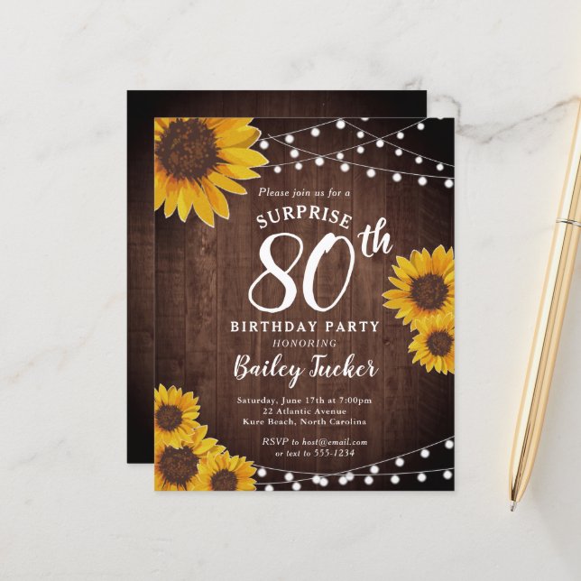 Papier Tournesols rustiques Surprise 80e anniversaire Inv (Devant/Arrière en situation)