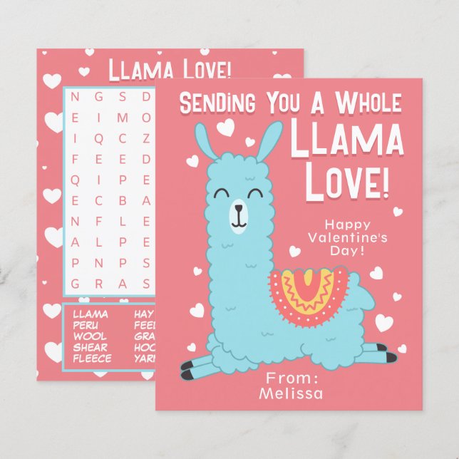 Papier Toute la Llama Love Classroom Valentine's Day Card (Devant / Derrière)