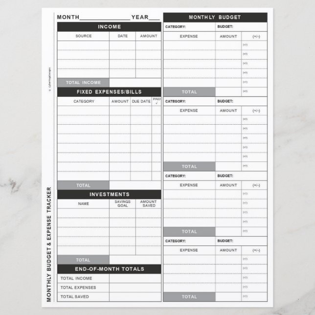 Papier Tracker de budget, de dépenses et d'investissement (Devant)