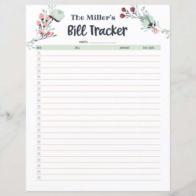 Papier Tracker de facture mensuelle dans un style floral  (Devant)
