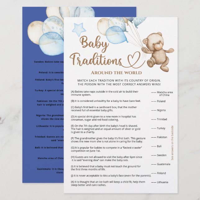 Papier Traditions pour bébés Baby shower pour ours en pel (Devant / Derrière)