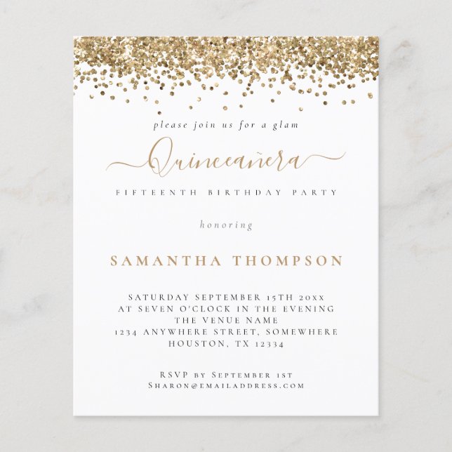 PAPIER | Trendy Gold Glitzer Quinceañera Einladung (Vorne)