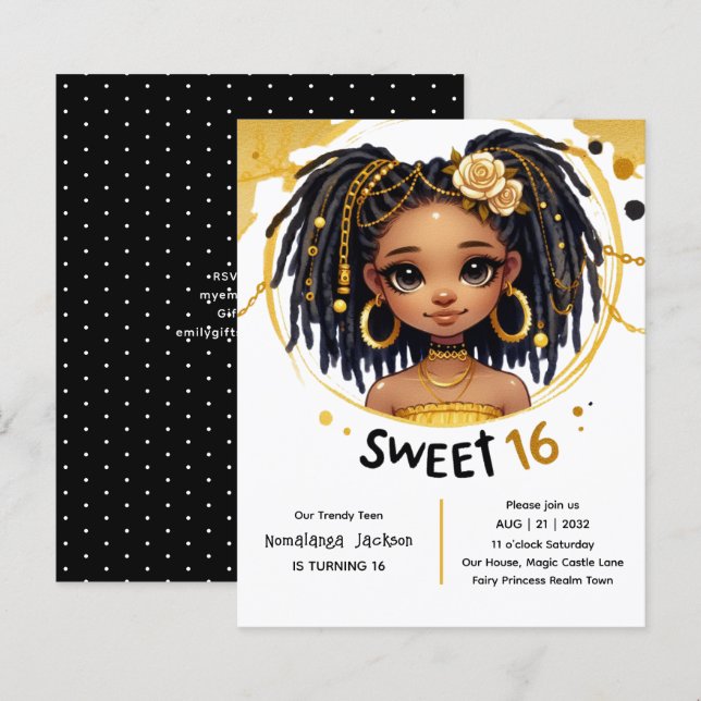 Papier Trendy Sweet 16 Noir Ado Anniversaire Noir Or (Devant / Derrière)