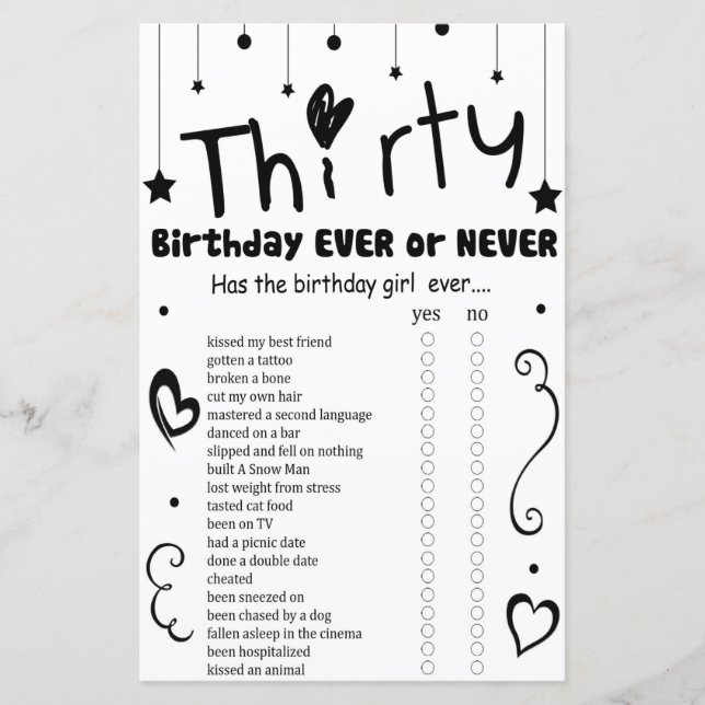 Papier Trente Anniversaire jamais ou jamais jeu (Devant)