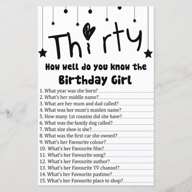 Papier Trente Connais-tu bien la fille d'anniversaire ? (Devant)
