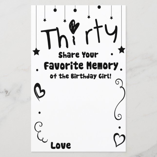 Papier Trente Mémoire préférée de la fille d'anniversaire (Devant)
