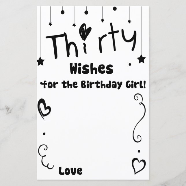Papier Trente Voeux pour le jeu de fille d'anniversaire (Devant)