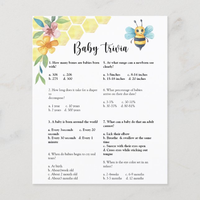 Papier Trivia Bee Baby | Jeu Baby shower (Devant)