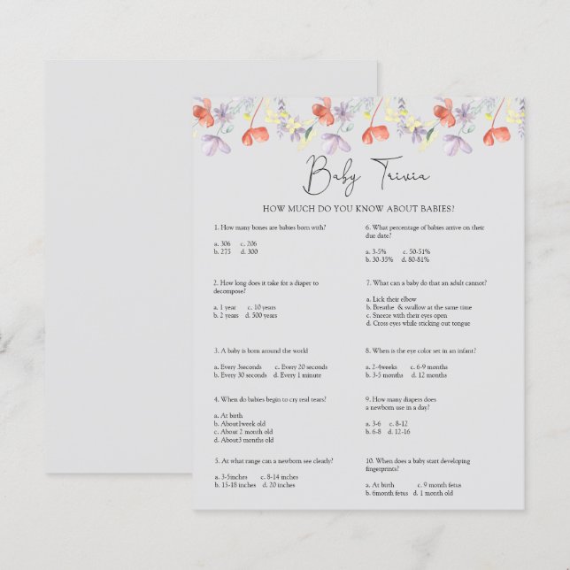 Papier Trivia de bébé fleur sauvage | Jeu Baby shower (Devant / Derrière)