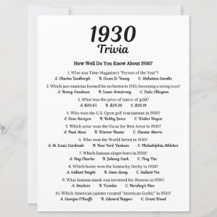 Papier Trivia Game 1930 Jeu de fête du 95e anniversaire