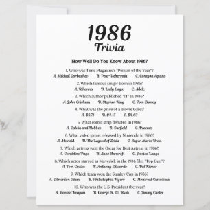 Papier Trivia Game 1986 39e fête d'anniversaire