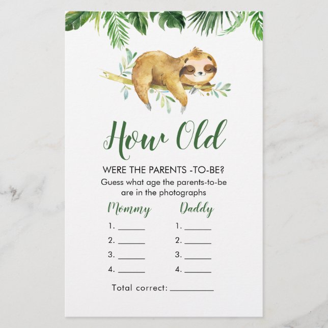 Papier Tropical Boy Sloth Baby shower Comment vieux paren (Devant)