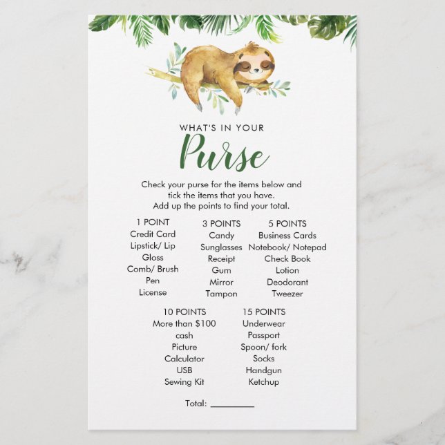 Papier Tropical Boy Sloth Baby shower Jeu de bourse (Devant)