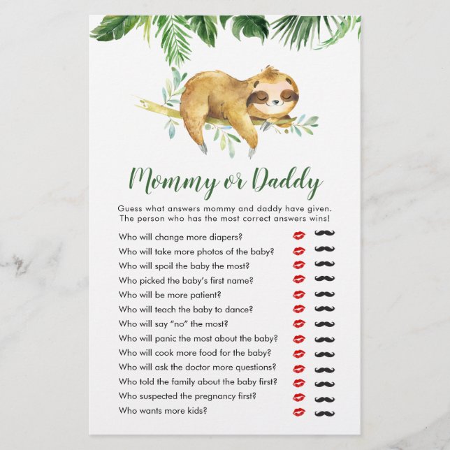 Papier Tropical Boy Sloth Baby shower maman ou papa (Devant)