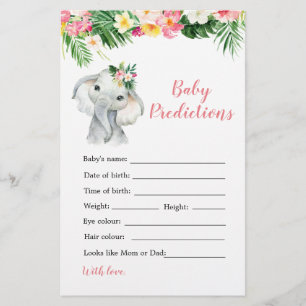 Papier Tropical Elephant Girl Baby shower prédiction bébé