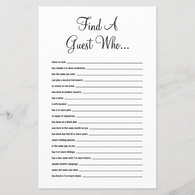 Papier Trouver Le Jeu De Fête des mariées Invité (Devant)